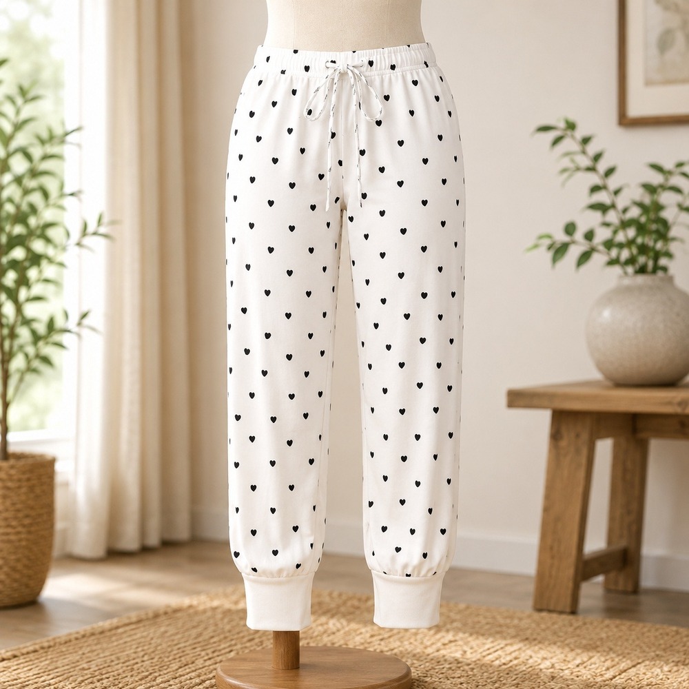 NWT Cupshe Pajama Pants Small White Black Heart Print Jogger CAA15C4L001CC